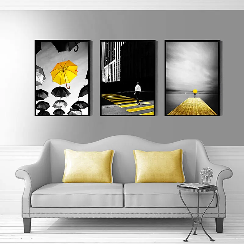 Nordic Modern Minimalist Canvas Paintings Yellow and Black Umbrella Romantic Poster Print Wall Art Pictures Living Room Decor