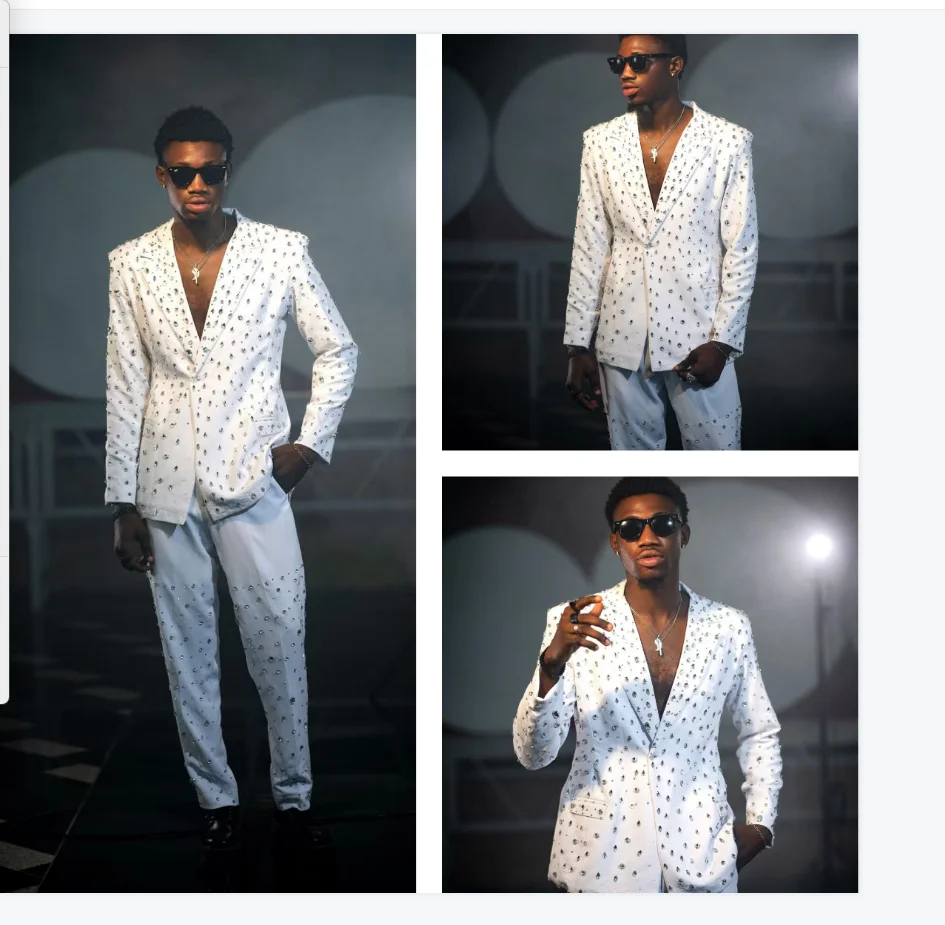 

White Stone Crystals Men Suit Set 2 Piece Blazer+Pant Trousers Luxury Customized Formal Office Jacket Groom Wedding Prom Coat