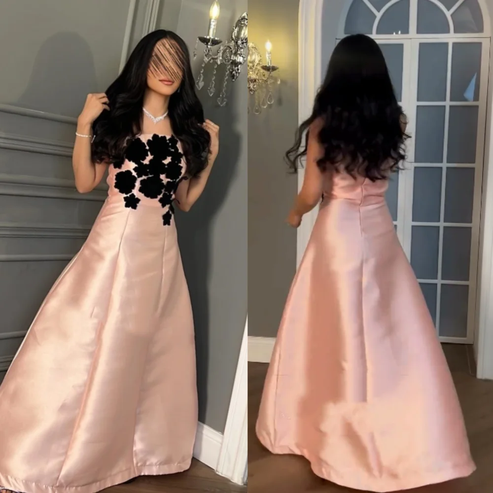 Customized Satin Flower Ruched Graduation A-line Strapless Bespoke Occasion Gown Long Dresses