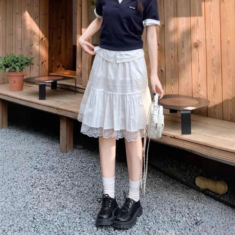 Deeptown Sweet White Short Skirts Women Elegant Kawaii Lace Patchwork Skirt Coquette Fashion Cutecore Summer A-line Mini Skirts