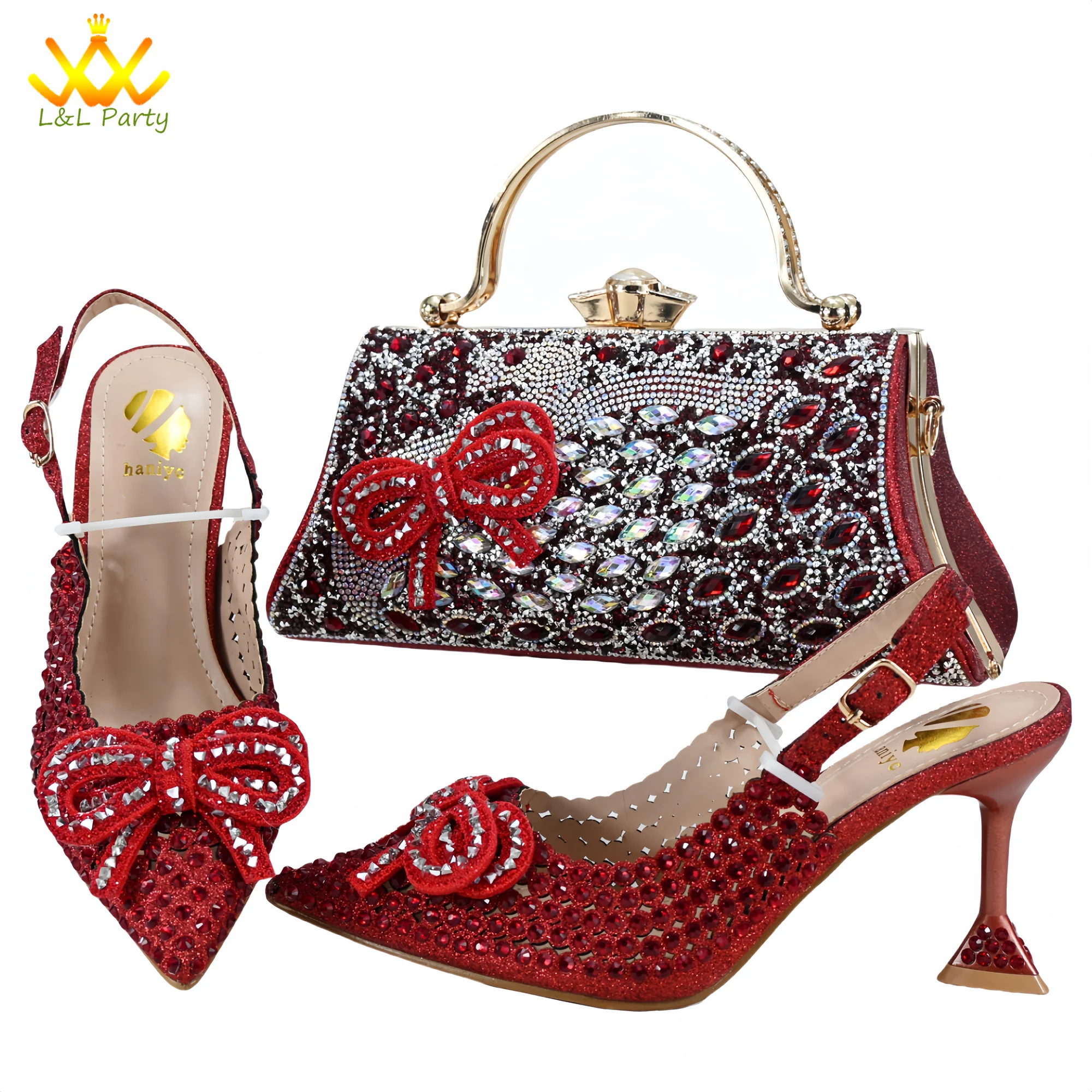 

Designer Bag Luxury Ladies High Quality Italian Shoes Matching Bag in Wine Color with Appliques for Wedding Party