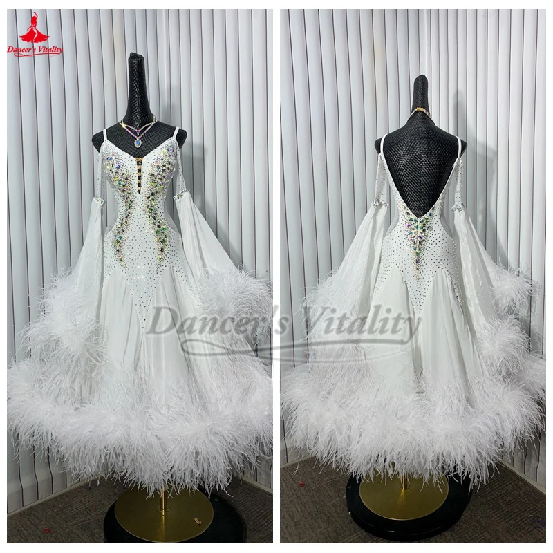 Women Waltz Tango Perform and Contest Clothes Adult Flared Sleeves V-back Ostrich Feather Lower Hem Big Swing Dresses Customized
