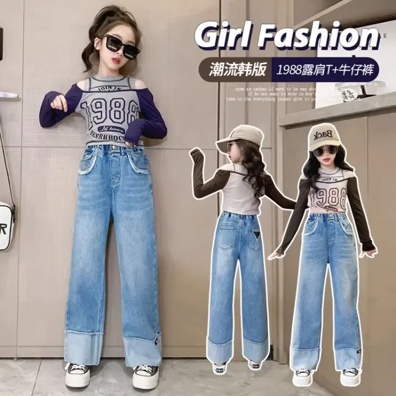 4-16 Years Old Girl Fashion off-Shoulder T-shirt + Jeans Spring and Autumn Clothes Two-Piece Set