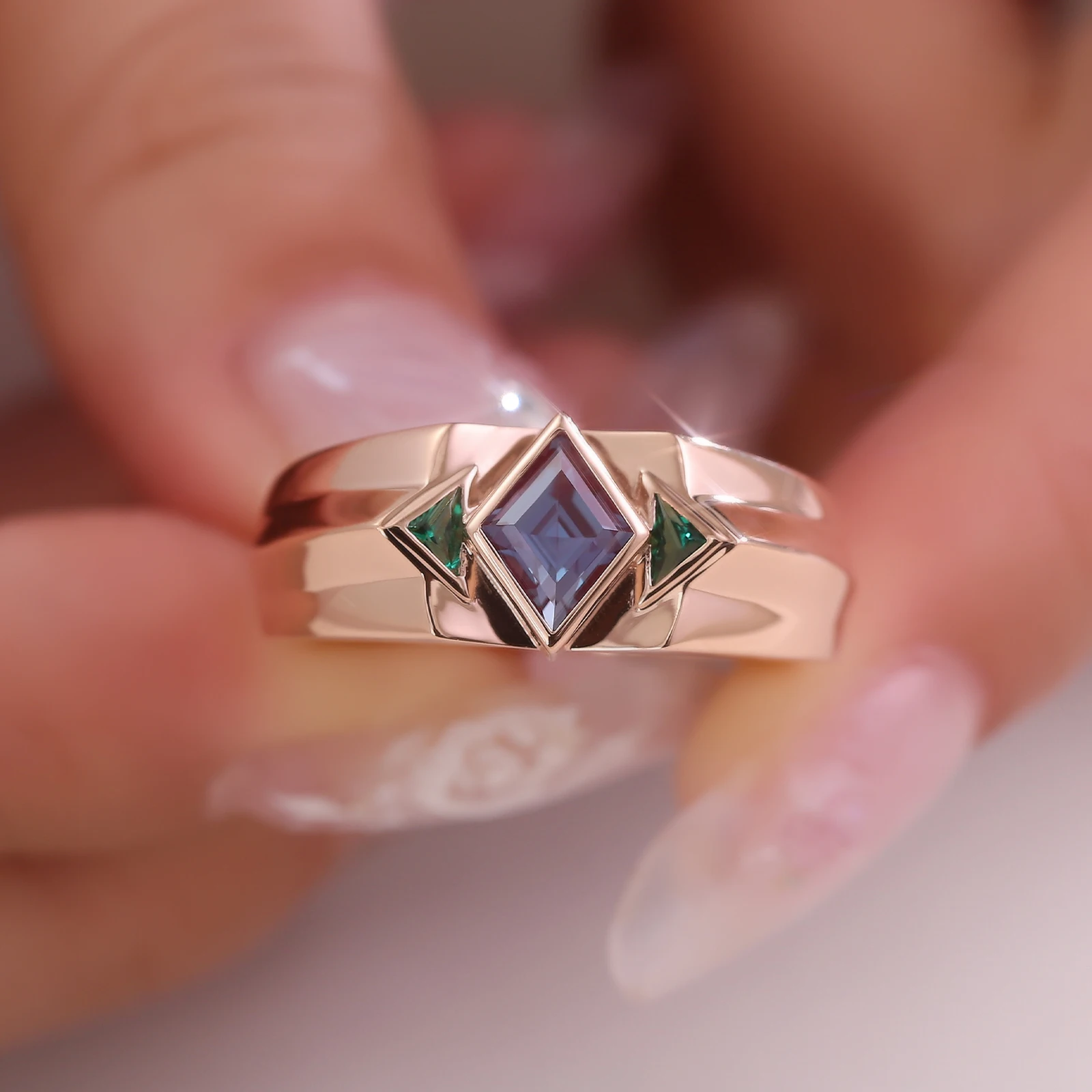 Прованс на заказ 10K 14K розовое золото ромби лабораторные кольца с александритом для мужчин ювелирные изделия с драгоценными камнями свадьба помолвка подарки на годовщину