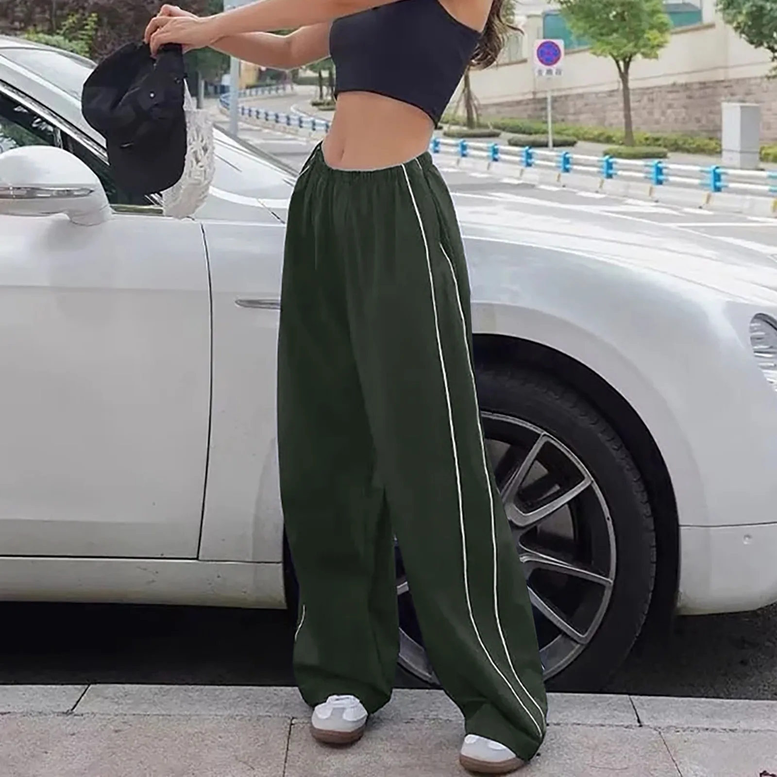 Women's Baggy Pants Retro Pocket Low Waist Drawstring Straight Women Casual Pants Autumn Spring Outdoor School Pants Women