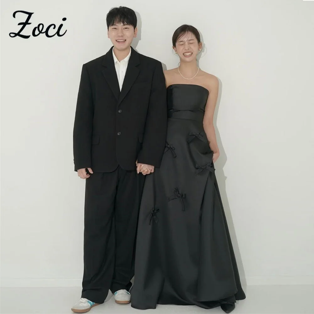 

Zoci Simple Strapless Satin Korea Wedding Dresses Black A Line Bow Ribbons Photos Shoot Dress Customized Backless Party Gown