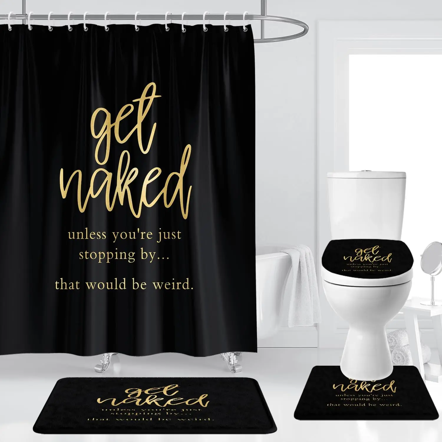 

Get Naked Shower Curtain Set Cool Adult Quotes Inspirational Black Gold Unique Modern Polyester Mat 4 Pcs Bathroom Decor Mat Toi