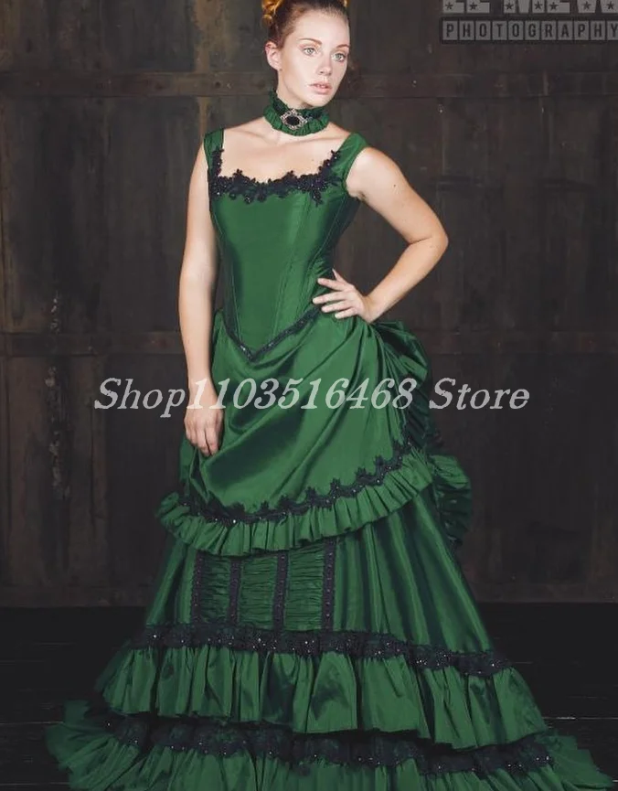 Vintage Victorian Prom Evening Gowns Emerald Green Taffeta Halter Bodice Lace Ruffles Floor Length Gowns Civil War Party Dresses