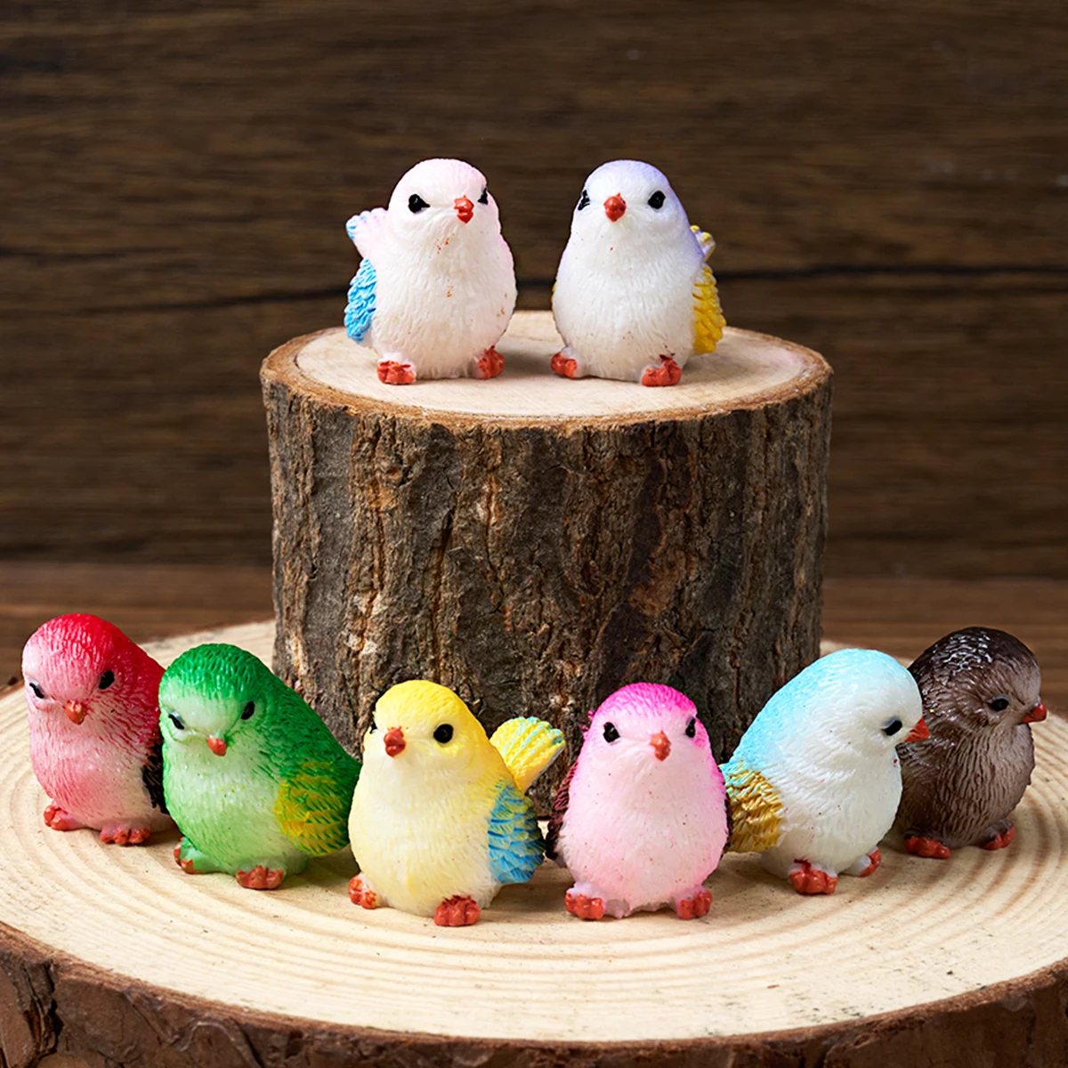 Estatuilla de pájaro pequeño de colores artificiales, modelo de Animal lindo, decoración del hogar, resina en miniatura, jardín de hadas, bonsái, accesorios de decoración, 8 piezas