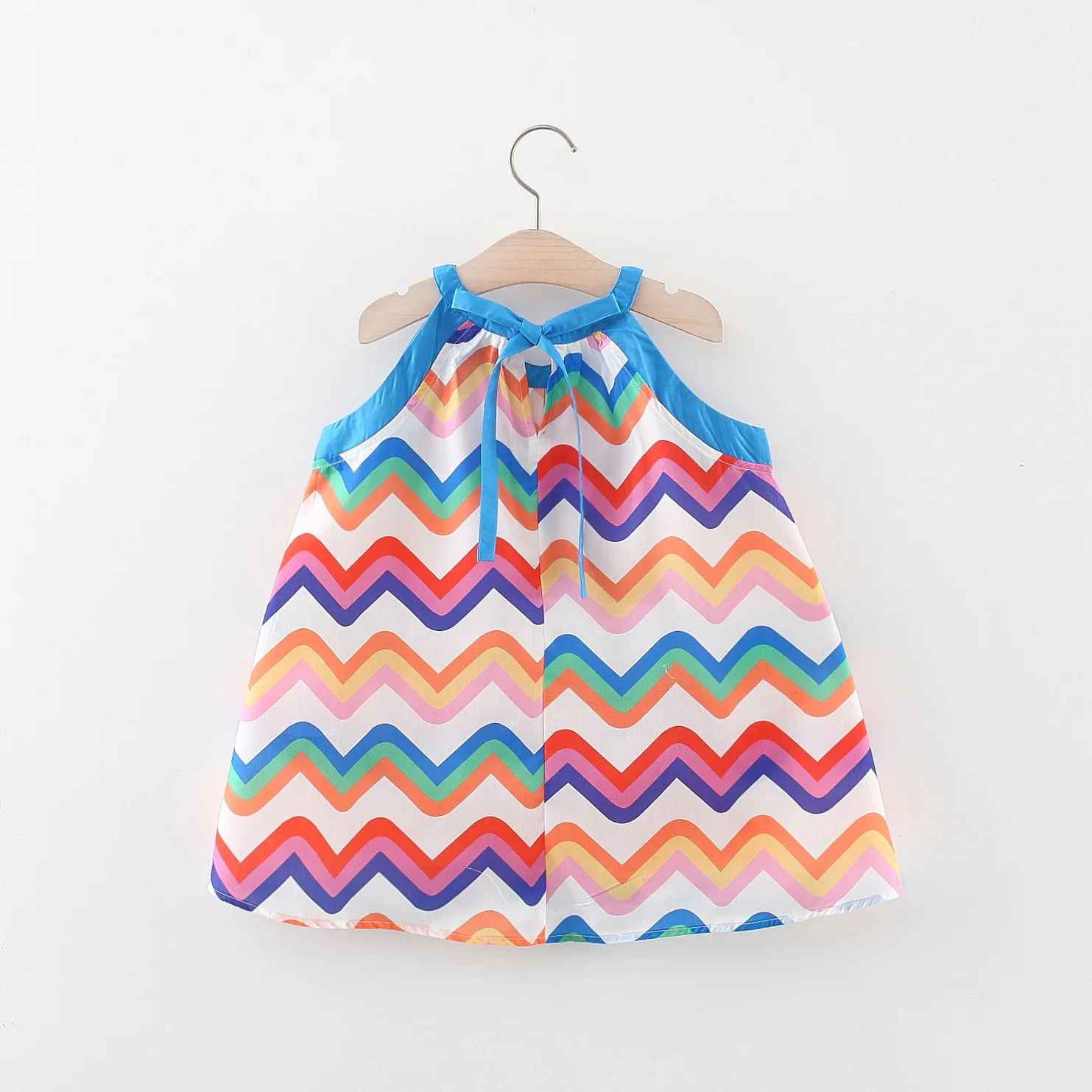 New summer baby girls dress halter halter Sleeveless Princess dress with embroidered color wavy stripes and blue wrap