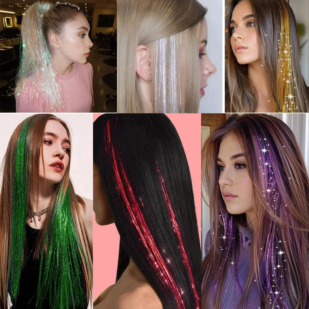 Extensiones coloridas, Kit de oropel de pelo sintético de hadas, accesorios para el cabello elásticos con purpurina brillante resistente al calor para niñas y mujeres