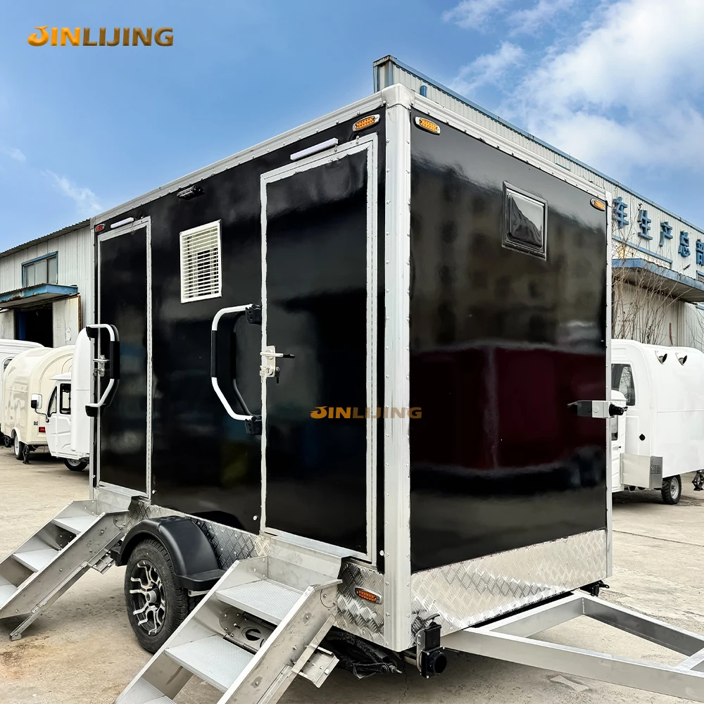 JINLIJING Toilette da campeggio esterna personalizzata in fabbrica Toilette portatili Rimorchio per toilette con doccia mobile nera di lusso in vendita