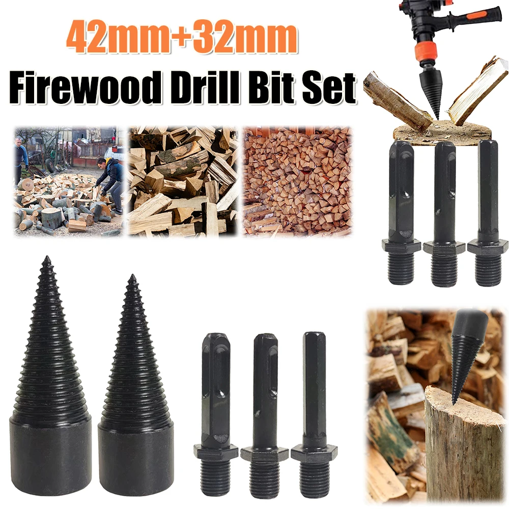 42mm+32mm Firewood Drill Bit Set W/3 Handle Wood Log Splitter Firewood Drill Bit Wood Splitting Screw Cone for Splitting Woods