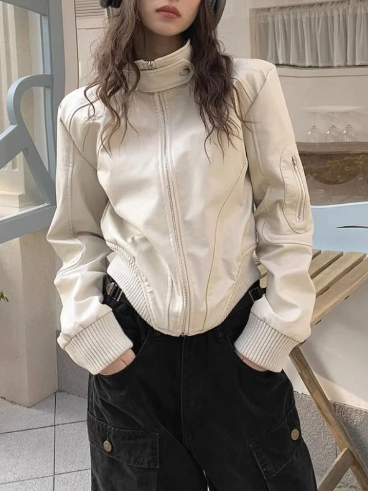 Vintage White Short Leather Jacket Women Casual Loose High Street Biker Moto Jacket Female 2023 Winter Fashion Korean Chic Coats