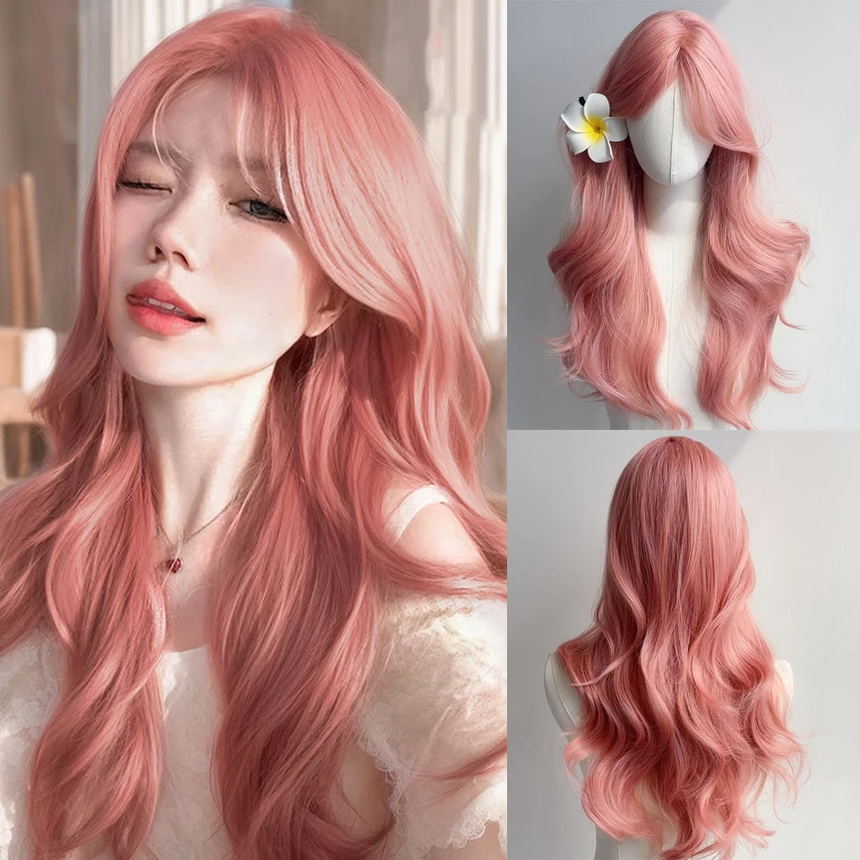 Perruque rose de 24 pouces, longue et ondulée, synthétique, avec raie au milieu, ondulations naturelles, résistante à la chaleur, pour cosplay, fête ou usage quotidien, pour femmes