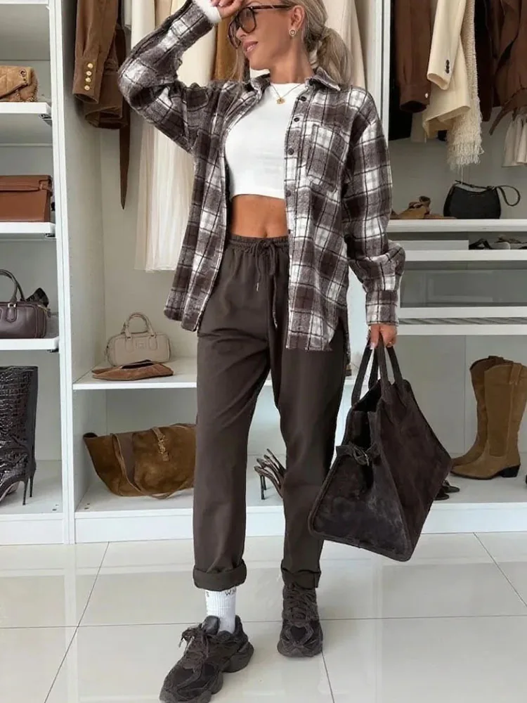 

Women Elegant Checkered Print Office Shirt Spring Autumn Turn-down Collar Button Blouses Casual Long Sleeve Street Top Cardigans