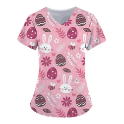 2025 Easter nurse women casual short sleeve clothing tops pharmacy work medical hospital doctor nursing uniform v neck t shirt