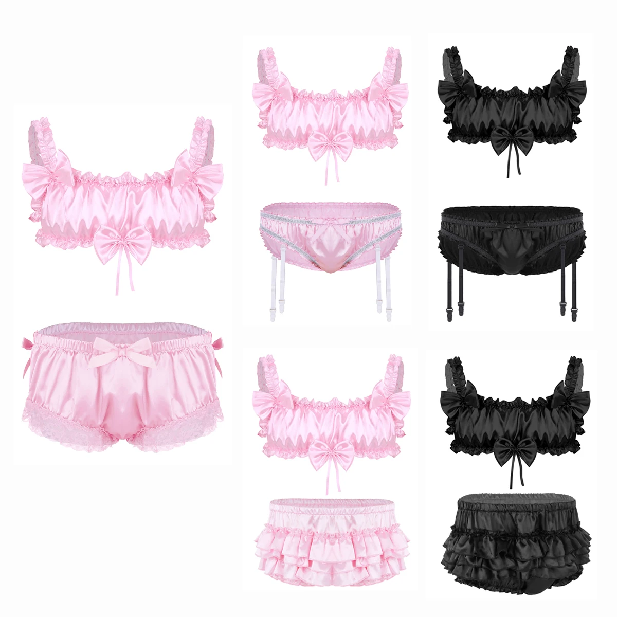 Hot Men Sissy Lingerie Sets Satin Frilly Elastic Wide Shoulder Straps Wire-free Bra Tops+Floral Lace Briefs Underwear Nightwear