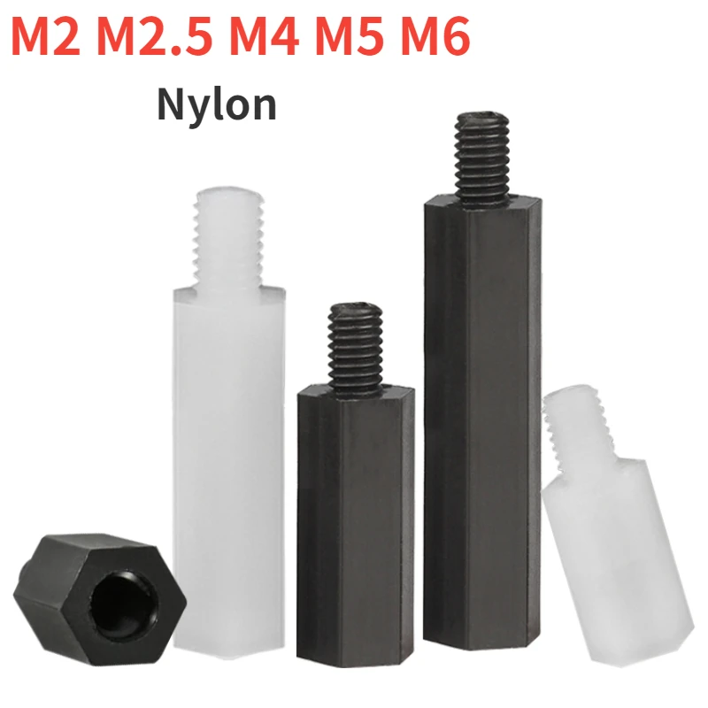 M2 M2.5 M4 M5 M6 Black/White Hex Nylon Standoff Spacer Column Flat Head Nylon Plastic Spacing Screws Nuts