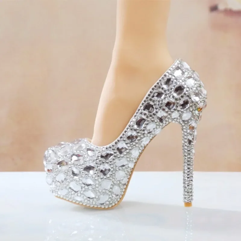 Party Wedding Women Pumps PU 11CM Thin High Heels Pointed Toe Shallow Slip-On New Crystal Shoes Shoes for Women Silvery