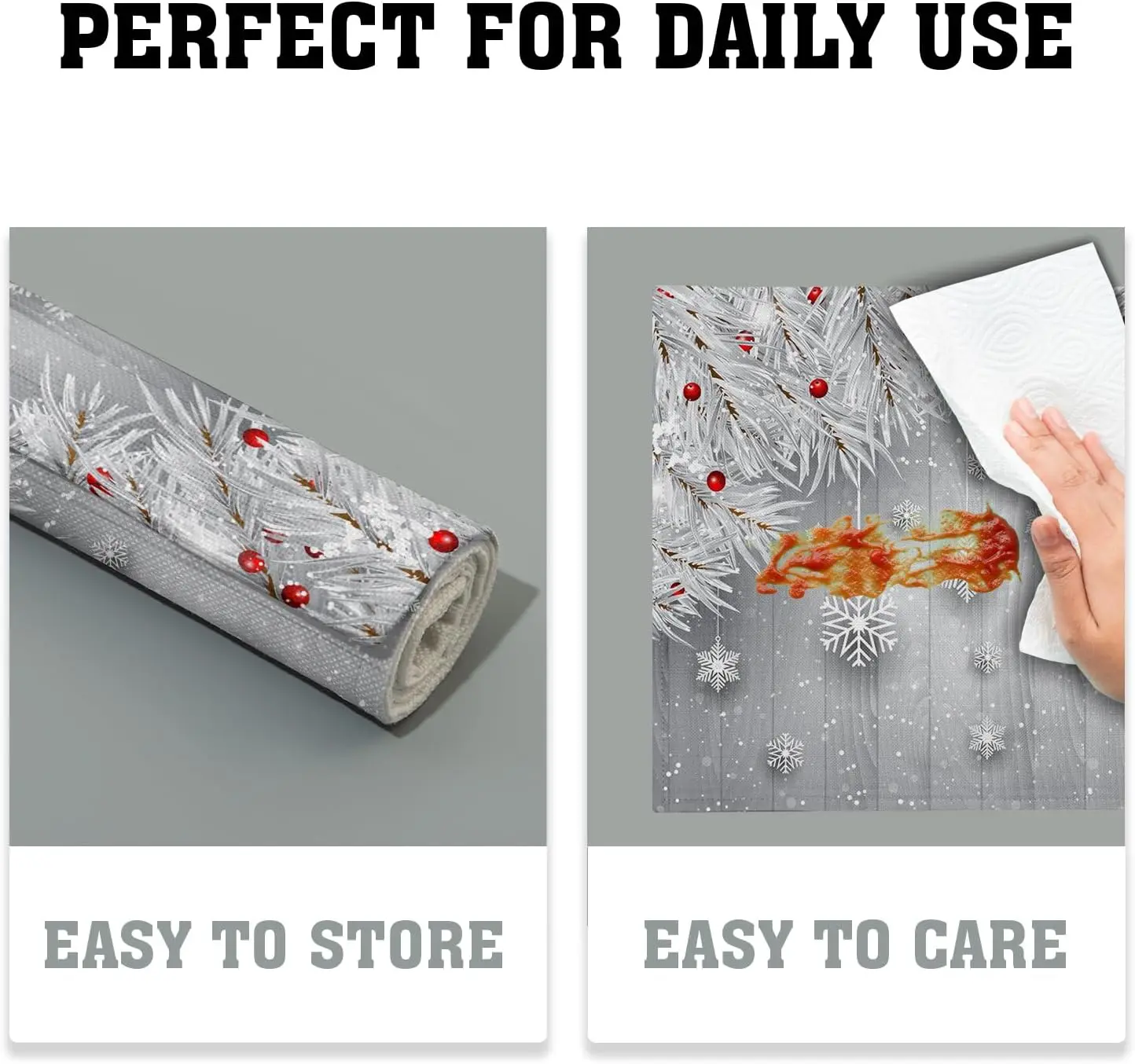 مجموعة مفارش المفارش مكونة من 4 مفارش عيد الميلاد الفضية والثلج وشجرة عيد الميلاد والتوت الأحمر والكتان مفارش طاولة موسمية غير قابلة للانزلاق ومقاومة للحرارة 12 بوصة × 18 بوصة #5