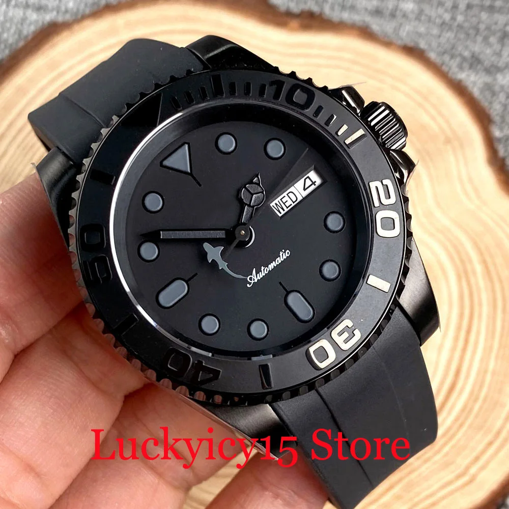 

Tandorio Black PVD Case Black Dial Black Hand 40MM Japan NH36A Automatic Mechanical Men Watch Solid Back Curved End Rubber Strap