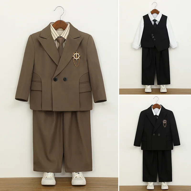 

Hot Sale Kids Stage Performance Blazer Suit Plush Velvet Warm Formal Children Boys Suits Outfit Sets 4/5Pcs Elegant Coffee Suit