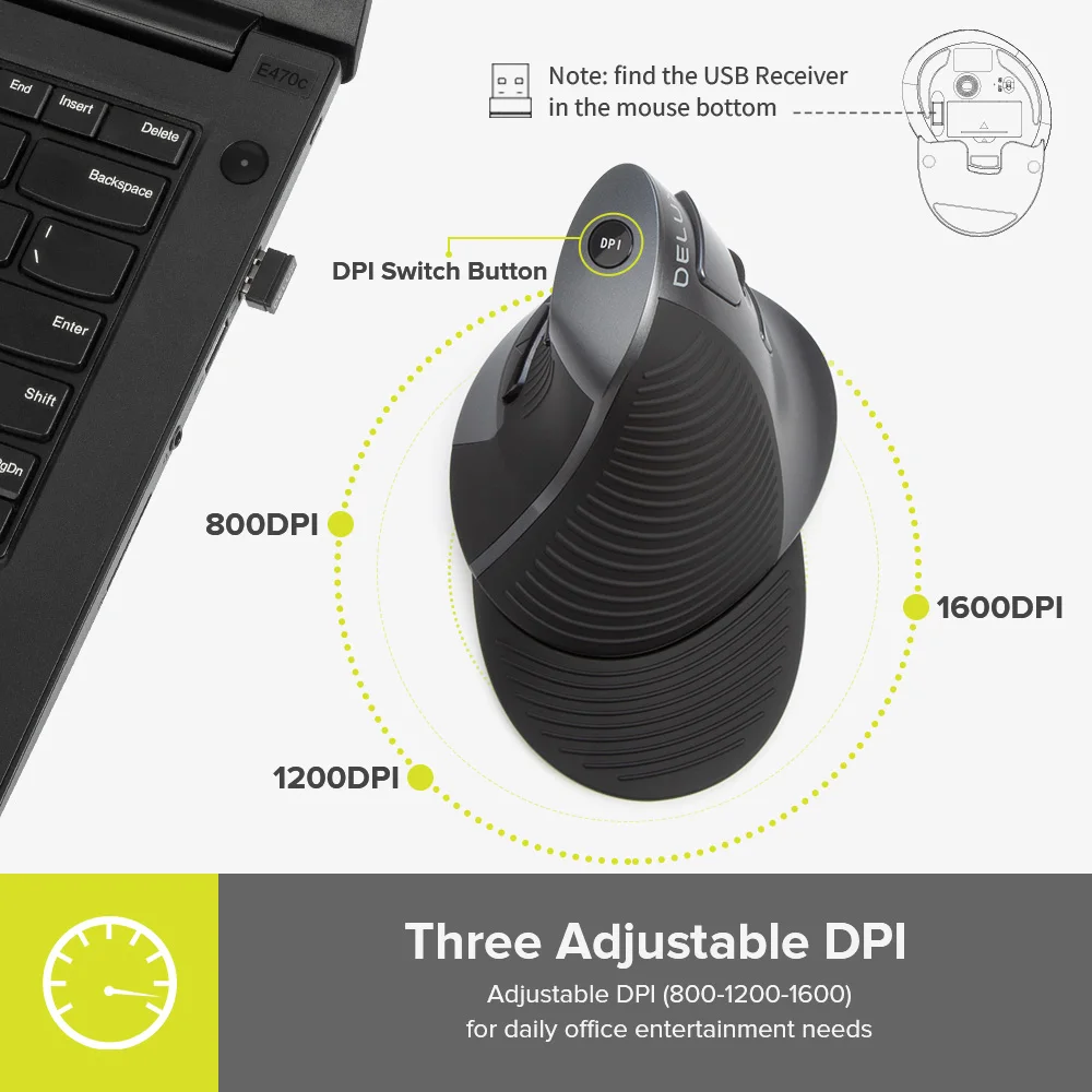 Delux M618 GX Ergonomic Vertical Wireless Mouse 6 Buttons 1600DPI Optical Mice With  For PC Laptop