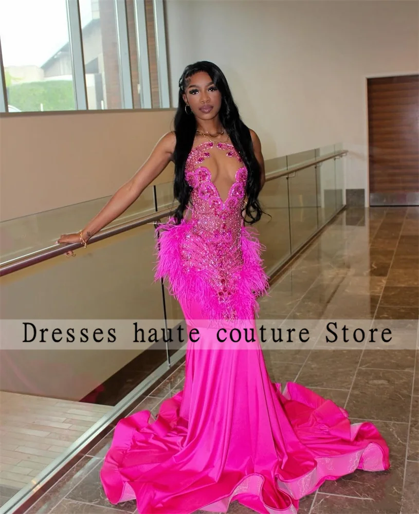 Luxury Crystal Rhinestones Hot Pink Prom Dress 2025 For Black Girl Mermaid Feather Birthday Dress Evening Gown Customized