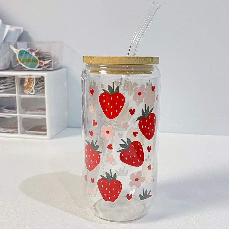 

Kawaii Strawberry Glass Cup With Bamboo Lid And Straw 500ml Can Shaped Glass Cups Iced Hot Coffee Glasses Cute Tumbler Cup Gift