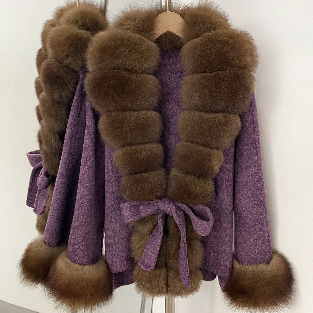 OFTBUY Neue Luxuriöse Warme Winterkleidung mit Natürlichem Fuchsfell Damen 100% Wollmantel mit Gürtel Echter Fuchsfell-Wollmantel für Frauen – Detail 19