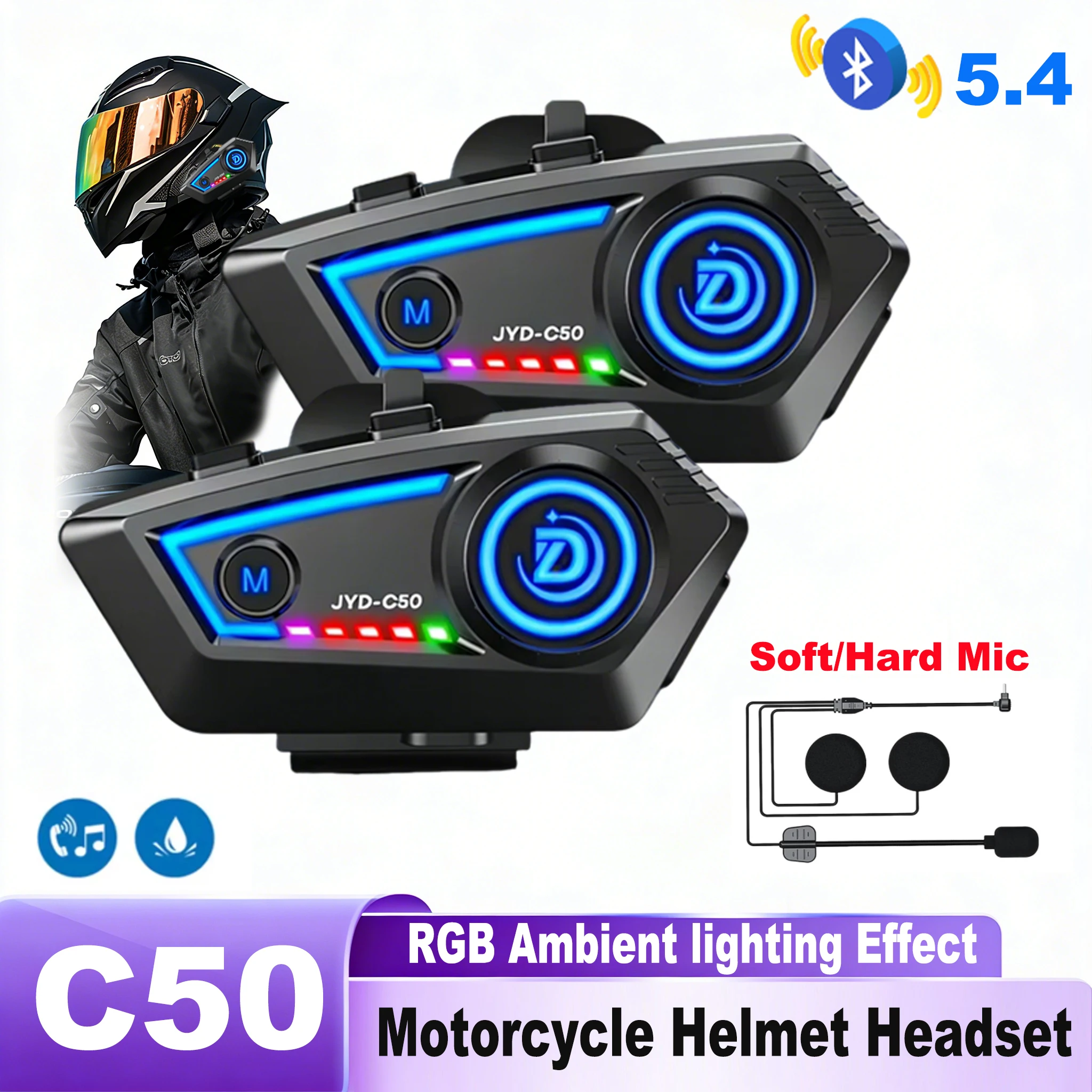 

Гарнитура для мотоциклетного шлема KEBIDUMEI, стереофоническая гарнитура с голосовым управлением, Bluetooth, громкая связь, водонепроницаемая, с шумоподавлением и окружающим освещением