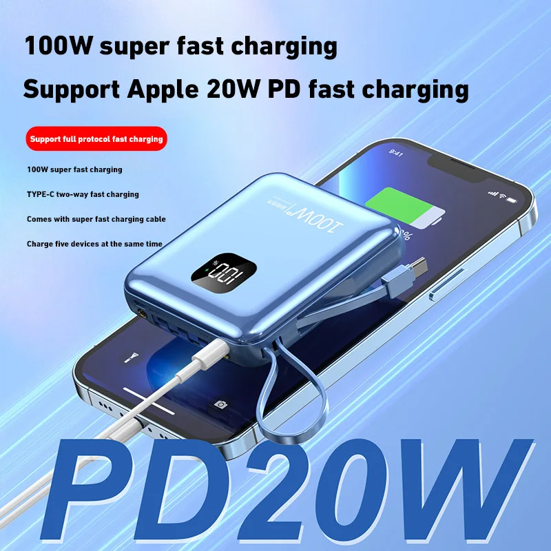 200000mAh Large-capacity Power Bank 100W Super Fast Charge Built-in Cable Portable External Battery For Iphone Samsung Xiaomi