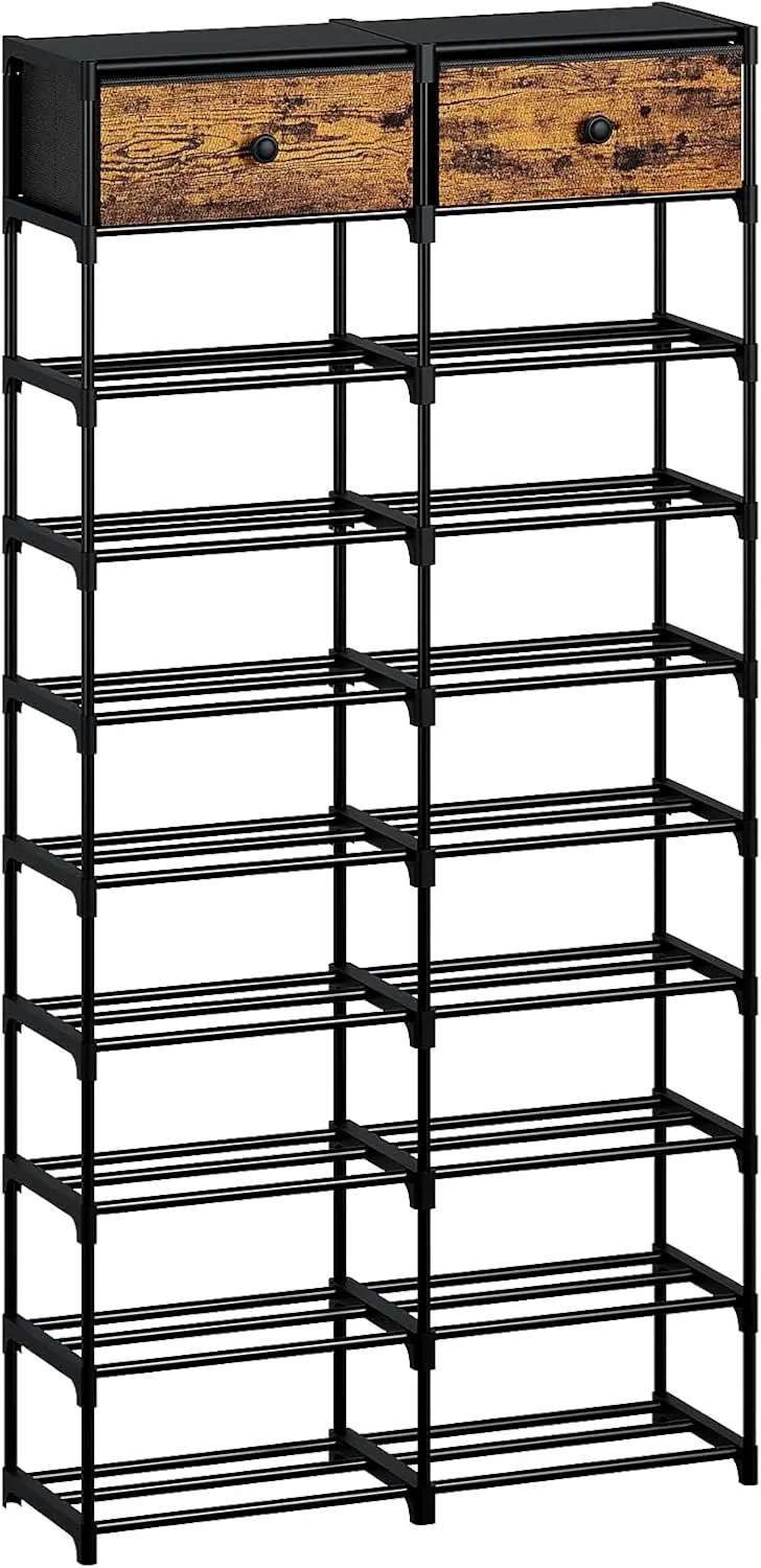 

10-Tier Tall Shoe Rack with 2 Drawers, Rustic Brown & Black, Holds 36-40 Pairs, Metal Closet Organizer