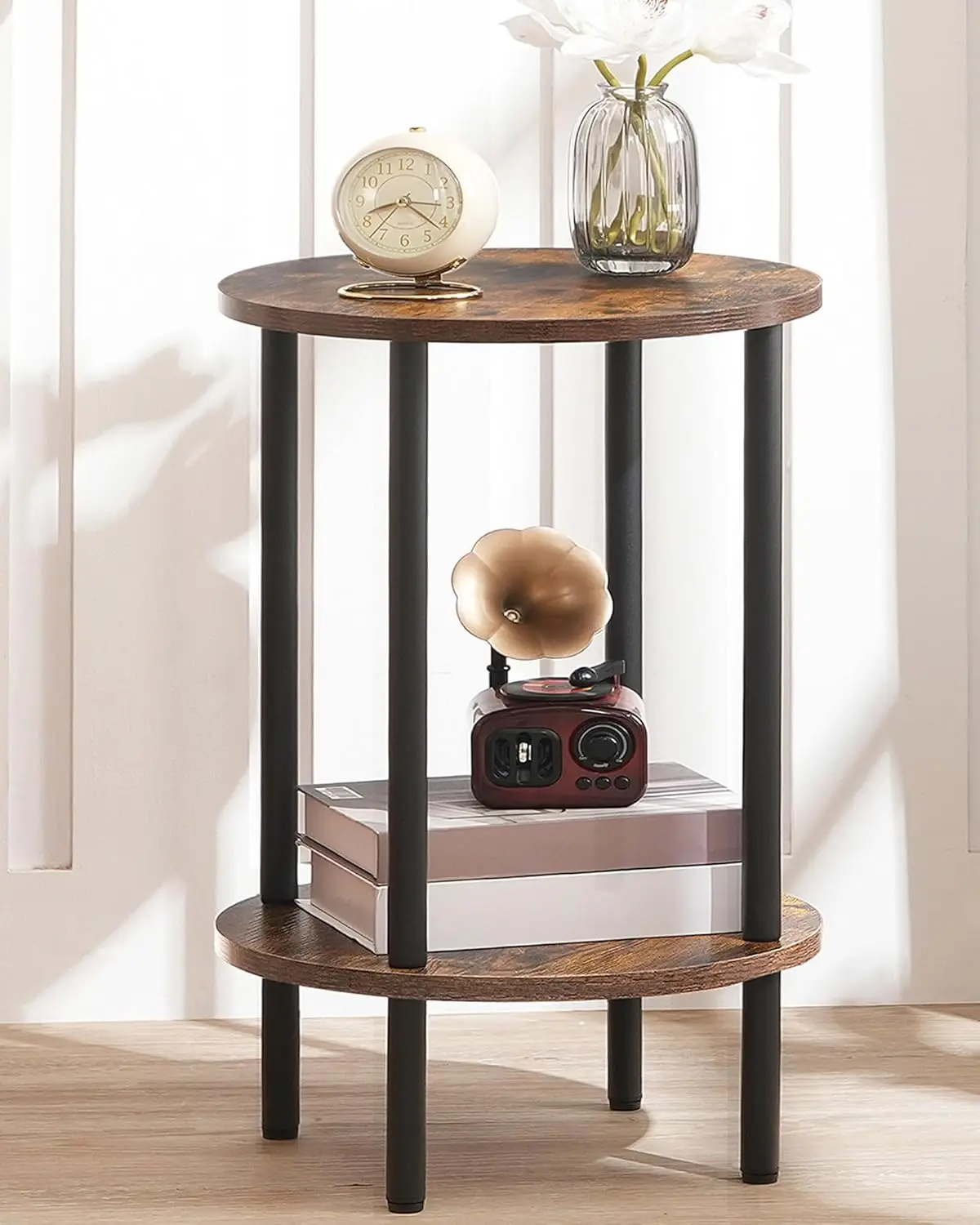 

Round Side Table, 2-Tier End Table, Small Round Nightstand with Sturdy Metal Tube, Industrial Circular Coffee Table, for