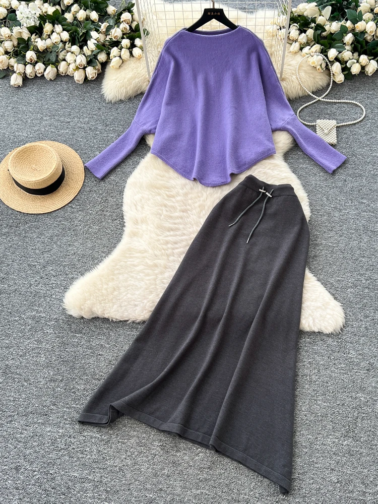 

Ladies Loose Batwing Sve Sweater High Waist Skirt Two Piece Set Autumn Faion Casual Comfortable Sle mid Thiened Long...
