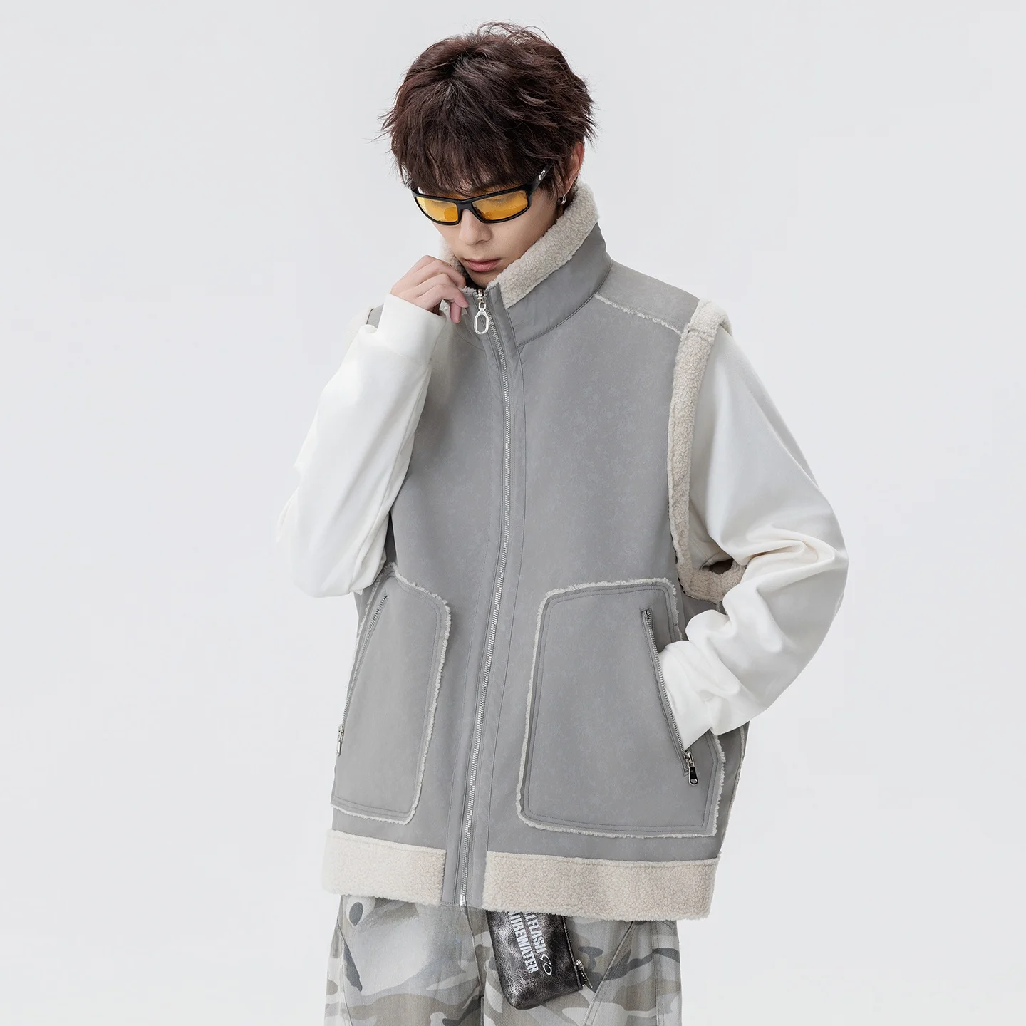 

Double-Sided Wear PU Leather Vest Winter New Sle Fce Lined Warm Vest Zipper Decoration Stand Fit Polyester/Nylon C...