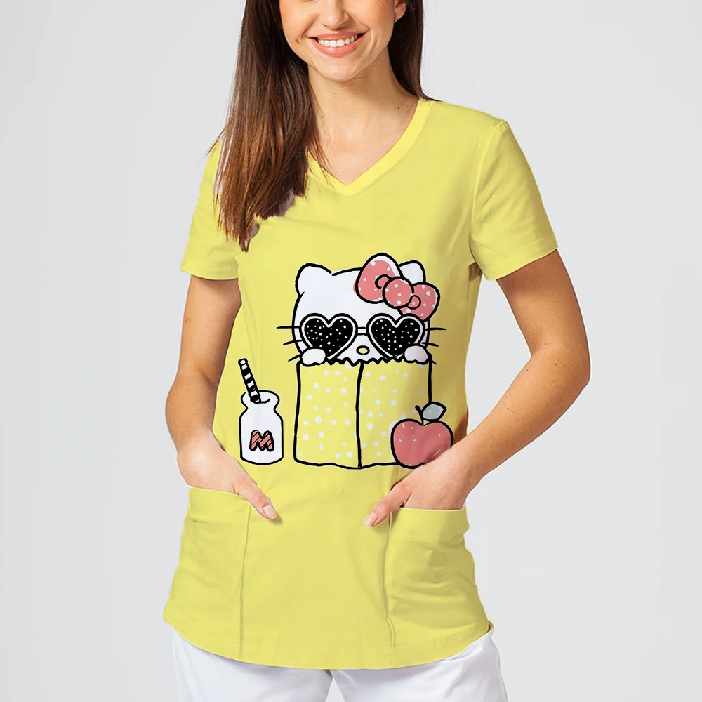 

Leisure daily hello kitty cartoon printed women's short sleeved top two large pockets fashionable Y2K style women's T-shirts