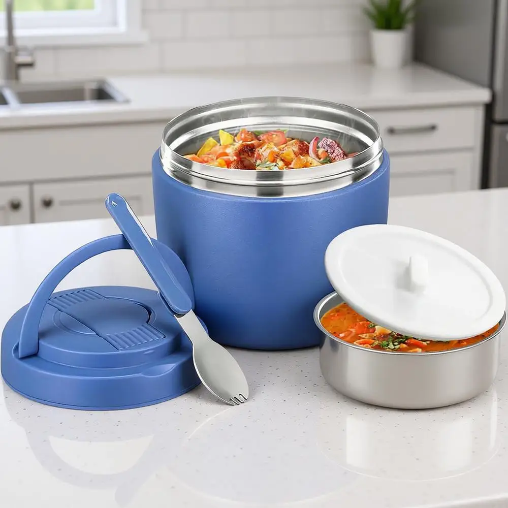 

Термоконтейнер для супа 32 унции, с широким горлышком, вакуумной изоляцией, из нержавеющей стали, герметичный, с ложкой (синий)