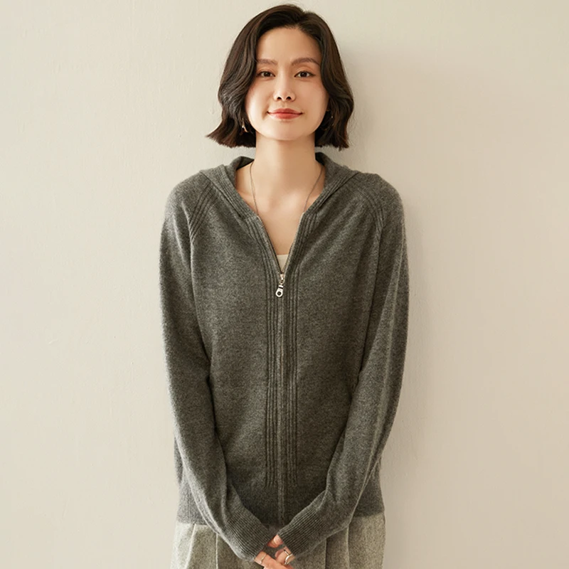 Nowy kaszmirowy kardigan damski na jesień i zimę, długi rękaw, zapinany na zamek, jednolity kolor, luźny wełniany sweter.