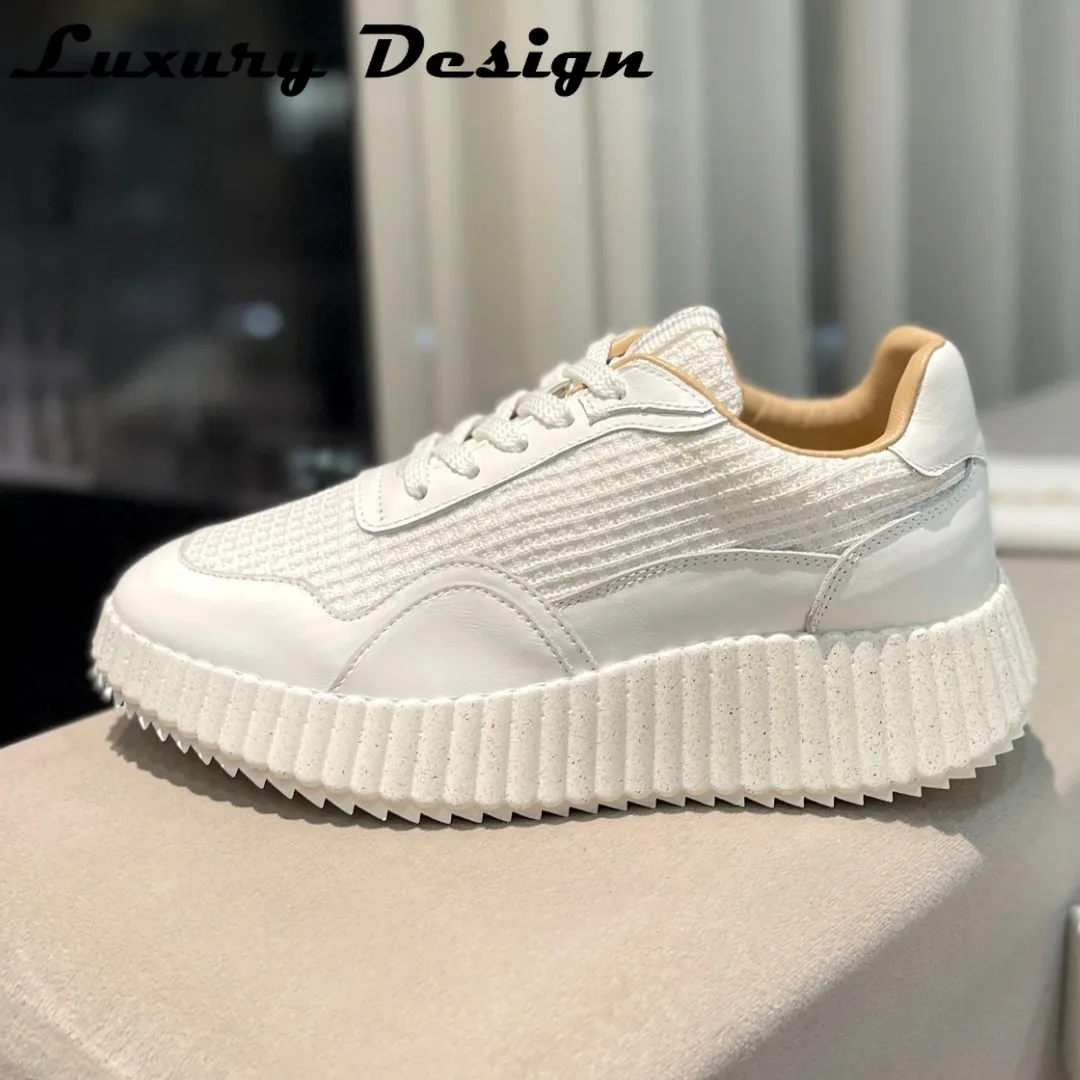 Luxury Women Nama Sneakers Knitted Platform Sneakers Round Toe Flats Women Lace Up Patchwork Hand Stithced Walking Tennis Shoes