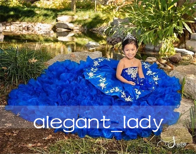 Royal Blue Cute Children mini quinceanera dresses Beauty Pageant Gowns Puffy Flowers Girl Birthday Dress Photography