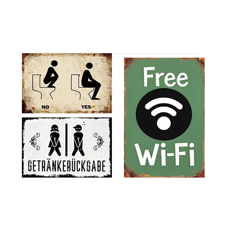 2D Flat, 3pcs Funny Bathroom & Free WiFi Metal Tin Sign Set, 12x8 Inch 2D Flat Wall Decor, Rustproof Waterproof Iron Plaque, Vin