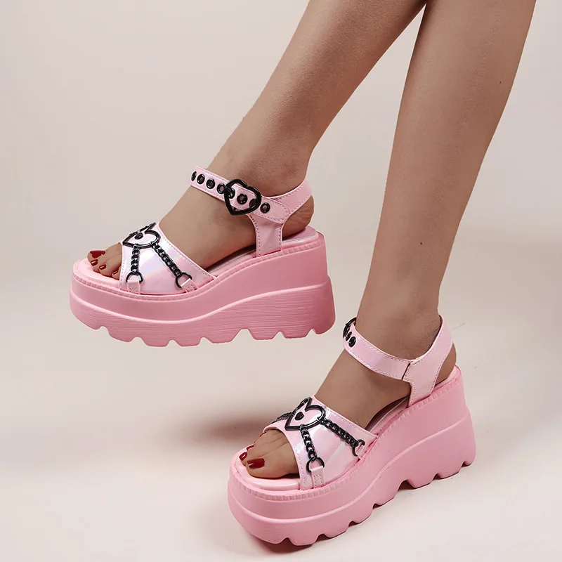 Brand New 2022 Summer Platform Sandals for Women Sweet Gothic Punk Heart Chain Buckle Comfy Wedge Sandals Woman Shoes