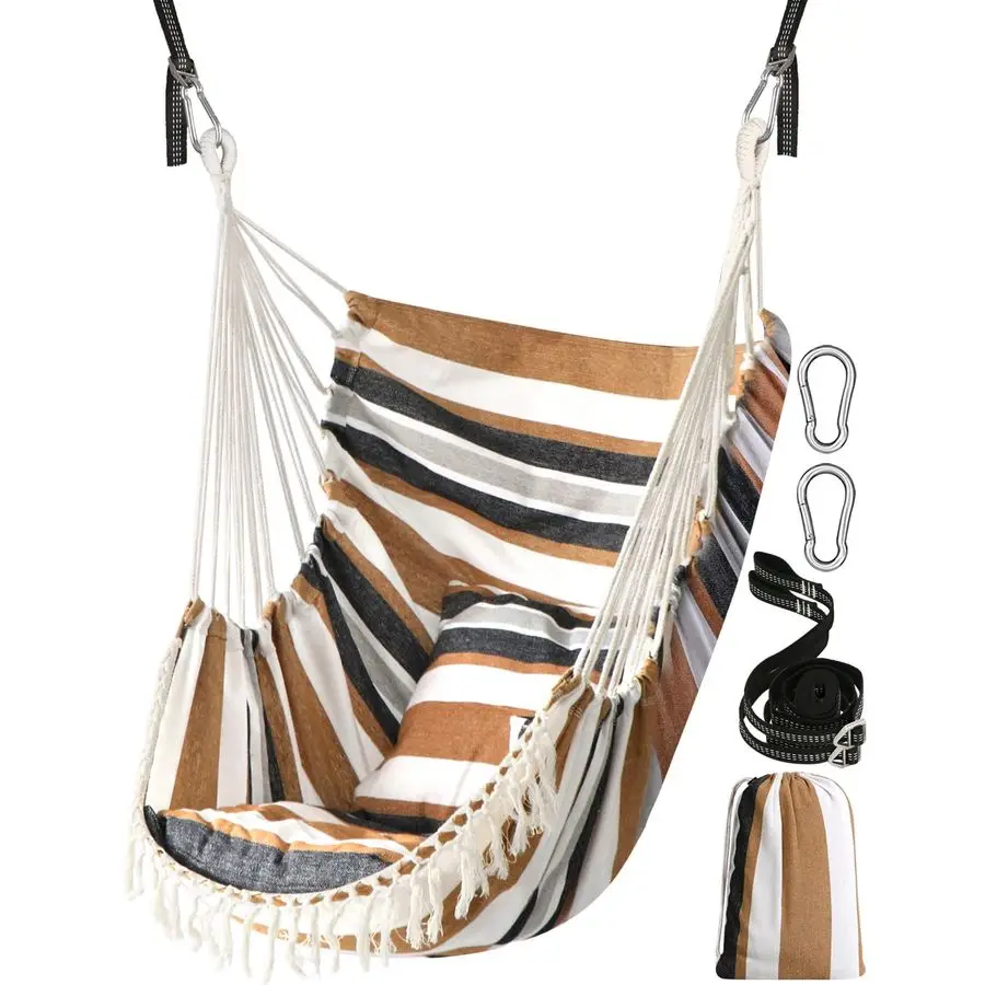 

Подвесное кресло-гамак с 2 подушками, прочные стропы и крючки для легкого крепления, мягкое хлопковое подвесное кресло