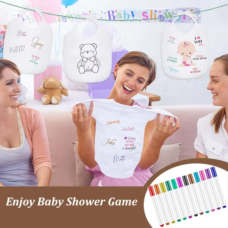 6-30Sets Baby Shower Games Bibs Bodysuits White Newborn Bibs for Gender Reveal Party Supplies with Fabric Colorful  DIY Markers - view 3