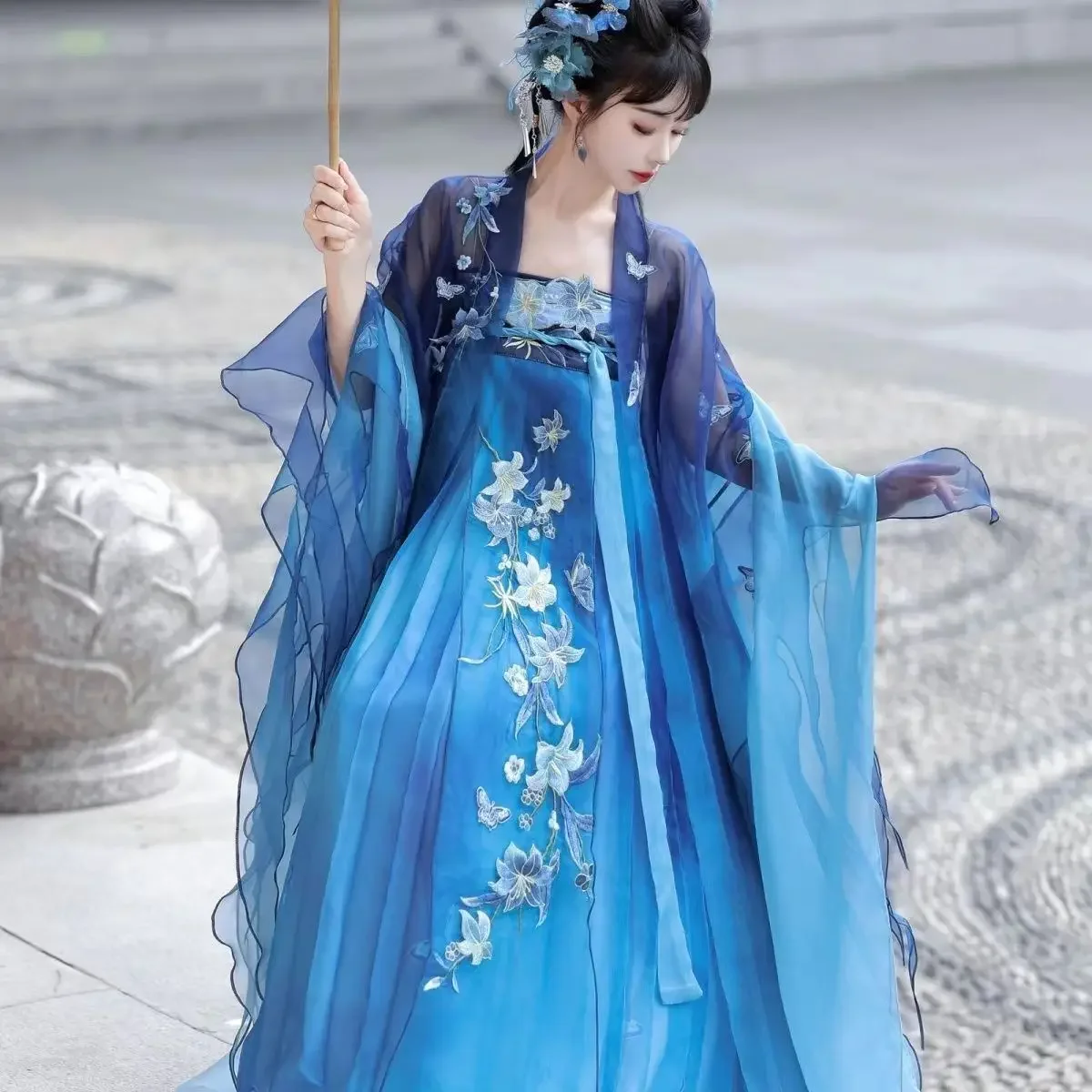 Nouveau [Porcelaine bleue et blanche] jupe Hezi de style Tang Hanfu pour femmes, longueur poitrine, chemise à grandes manches brodées, printemps et