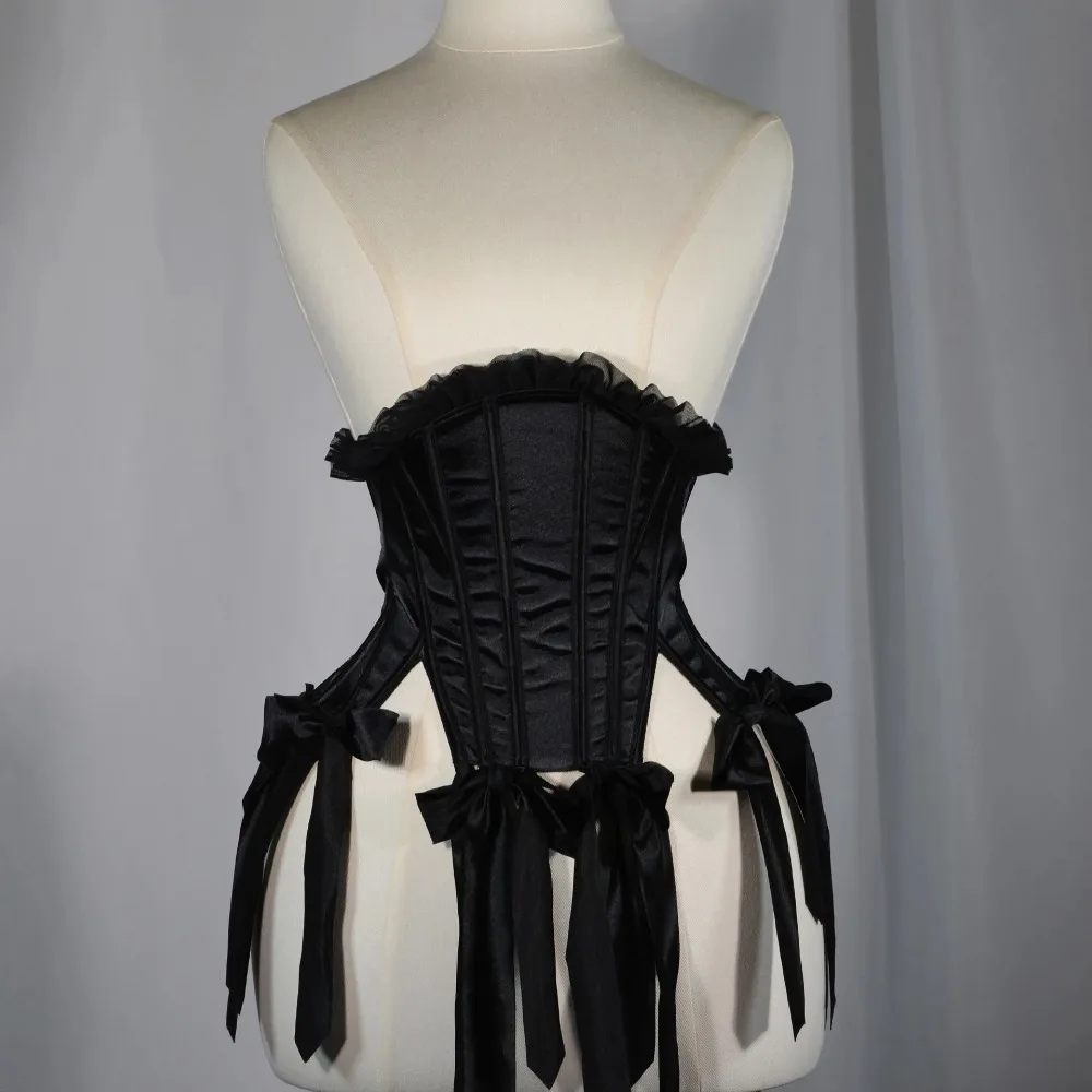 Women Black Corset Bustier Lace Up Boned Waist Trainer Bodice With Tassels Luxury Stage Costume Tummy Control Shaping Tops