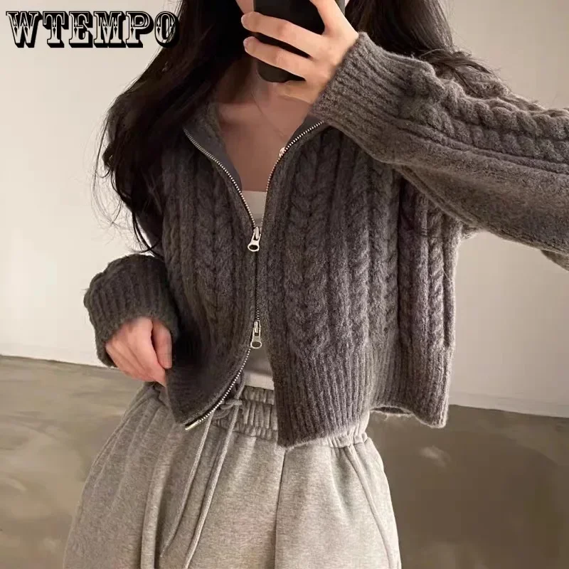 WTEMPO Fall Winter New Korean Vintage Double Zipper Sweaters Women Solid Color Elegant Short Sweater Coats Knitted Cardigans