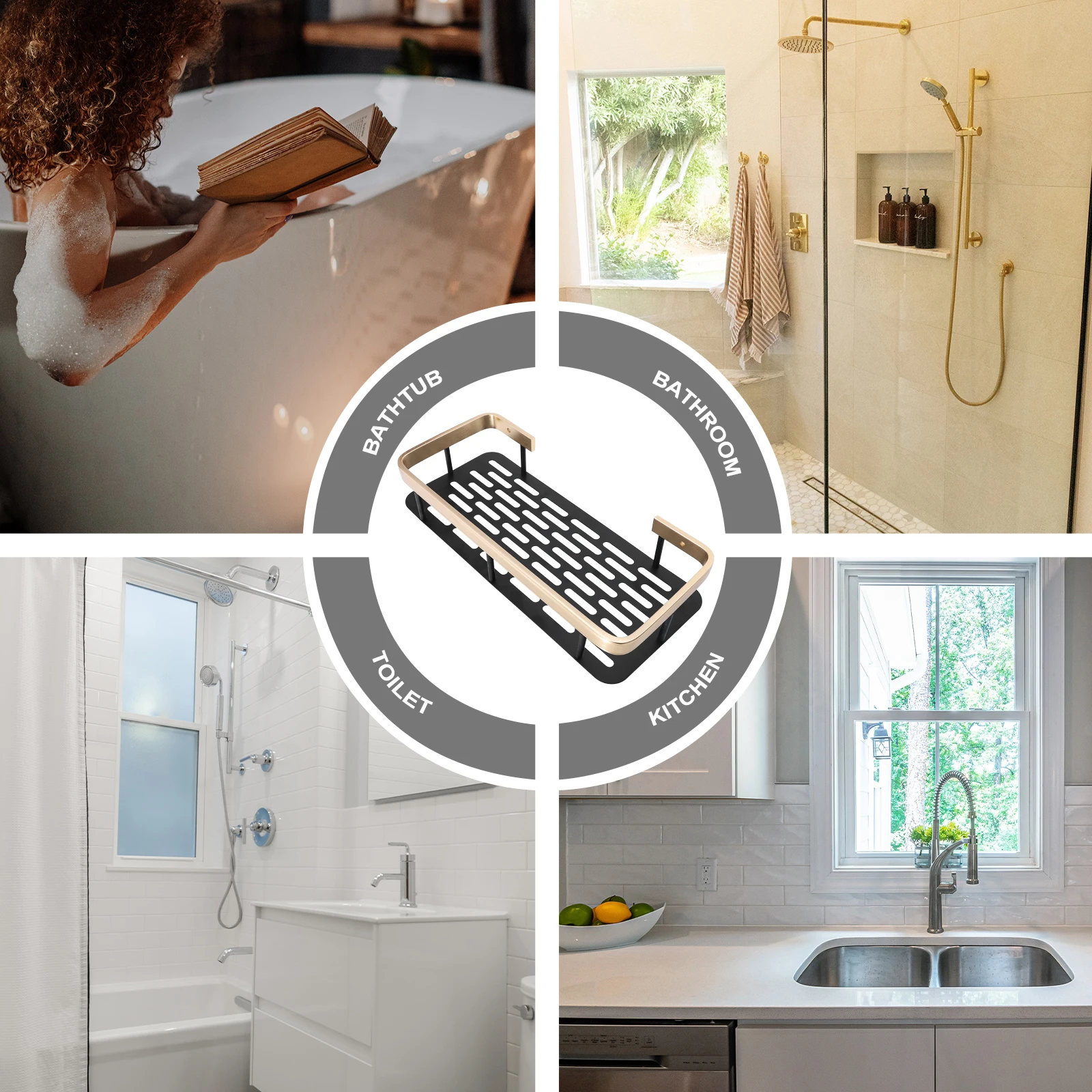 

BlackBathroom Storage Rack Kitchen Organizer Shelf Wall Mounted Hollow Aluminum Non-Punch Holder for Toothbrush Cups
